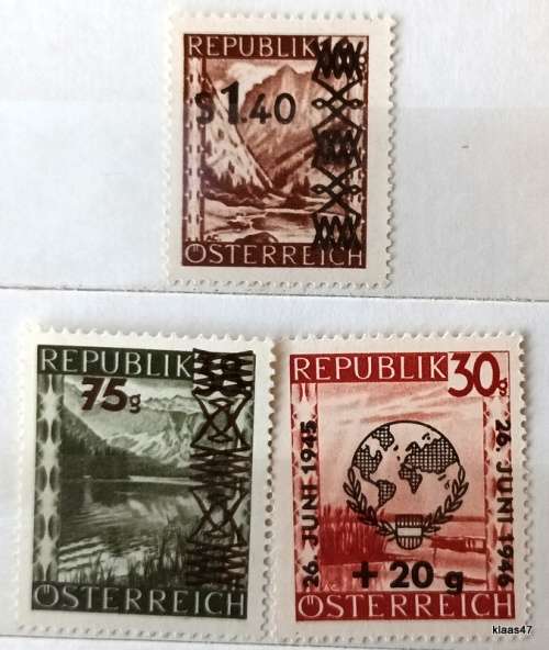 Austria - Overprints - 1946 United Nations and 1947 Surcharge Set - 3 Unused stamps