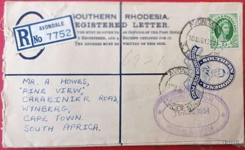 Southern Rhodesia Registered Letter (Postal Stationery) Date Stamp: Avondale 10 Aug 1954