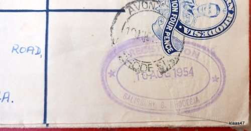 Southern Rhodesia Registered Letter (Postal Stationery) Date Stamp: Avondale 10 Aug 1954