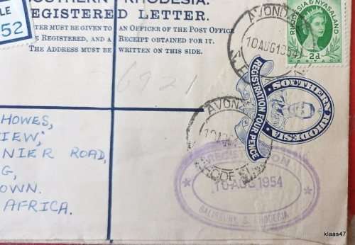 Southern Rhodesia Registered Letter (Postal Stationery) Date Stamp: Avondale 10 Aug 1954