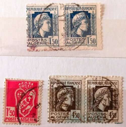 French Algeria - 1944 - Marianne - 1F50 and 4F50 - 2 Pairs Used Hinged stamps (Plus 1 other stamp)