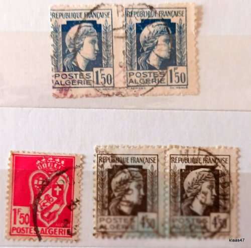French Algeria - 1944 - Marianne - 1F50 and 4F50 - 2 Pairs Used Hinged stamps (Plus 1 other stamp)
