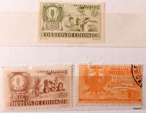 Colombia -  (1956 Agrario Credit Union 2 Unused) and (1957  Cadett school 1 Used)  Hinged stamps