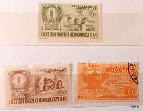 Colombia -  (1956 Agrario Credit Union 2 Unused) and (1957  Cadett school 1 Used)  Hinged stamps