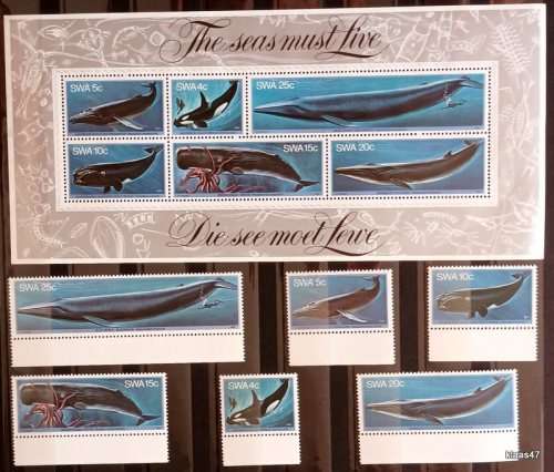 SWA - 1980 - Whales - Set of 6 Mint stamps Plus The Seas Must Live Miniature Sheet (Mint)