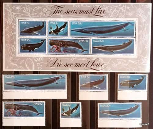 SWA - 1980 - Whales - Set of 6 Mint stamps Plus The Seas Must Live Miniature Sheet (Mint)