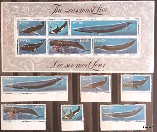 SWA - 1980 - Whales - Set of 6 Mint stamps Plus The Seas Must Live Miniature Sheet (Mint)