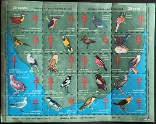 20 Charity Stamps (Support Sunshine Homes) RSA - 1967 - Christmas Greetings - Birds - Sheet of