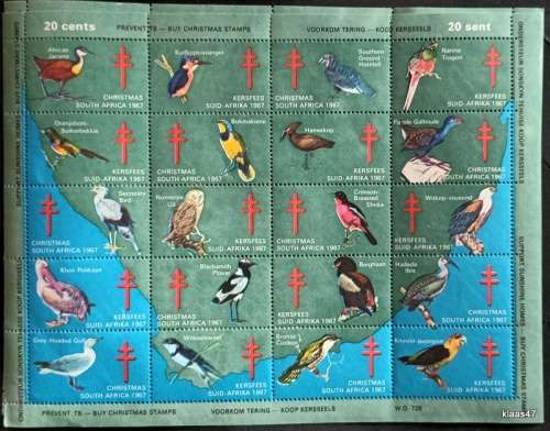 20 Charity Stamps (Support Sunshine Homes) RSA - 1967 - Christmas Greetings - Birds - Sheet of