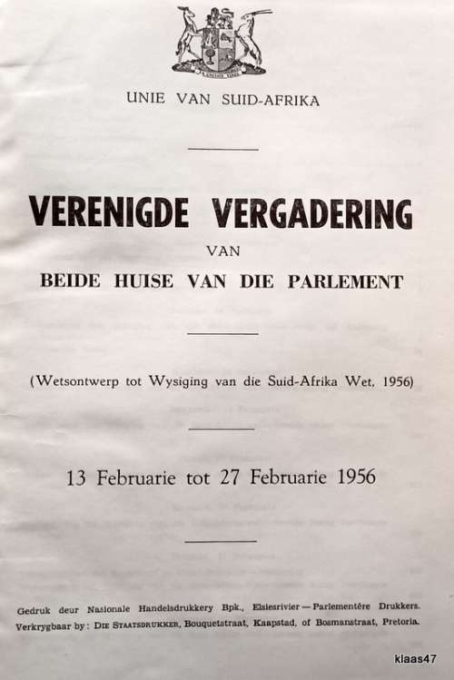 Unie van Suid Afrika - 1953, 54 and 56 Verenigde Vergadering: Albei Huise van die Parlement