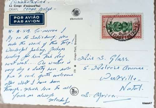Post Card - Okapi (Belgian Congo) - Posted from Elizabethville to South Africa - 1959