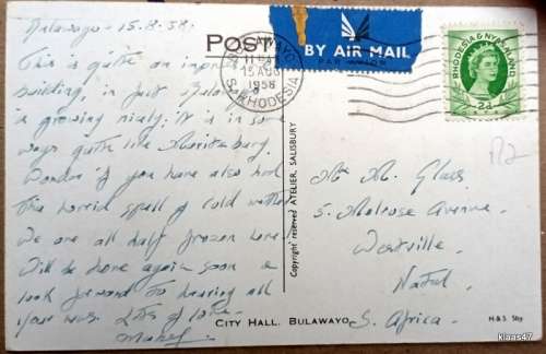 Vintage Post Card - City Hall Bulawayo - Posted S. Rhodesia to South Africa 1958