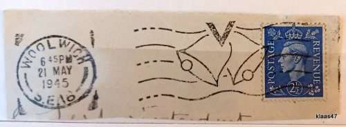 Cancellation - Celebrating Victory Europe May 1945 - date stamp Woolwich 21 May 1945