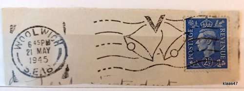Cancellation - Celebrating Victory Europe May 1945 - date stamp Woolwich 21 May 1945