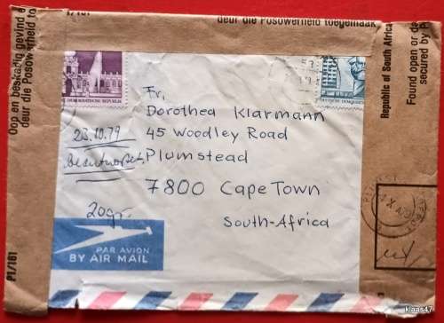 Damaged Envelope - Repaired with Official Postal Authories Tape (1979) Germany to SA