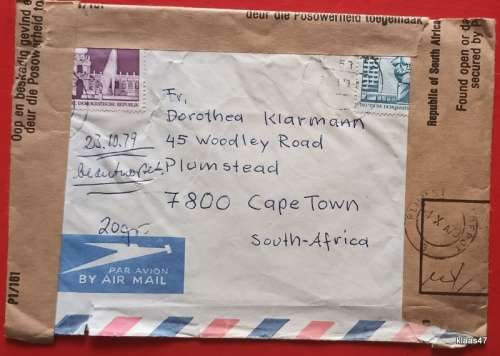Damaged Envelope - Repaired with Official Postal Authories Tape (1979) Germany to SA