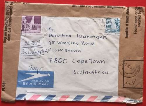 Damaged Envelope - Repaired with Official Postal Authories Tape (1979) Germany to SA