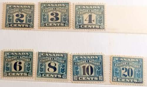 Canada - 1915 - Two Leaf Excise Tax - 7 Unused Hinged Revenue stamps