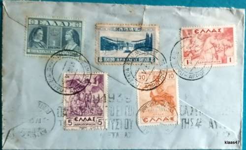 Greece - Used Envelope - 5 Stamps on back of envelope - Date stamp: 1939