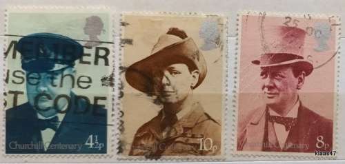 GB - 1974 - Sir Winston Churchill - 3 Used Hinged stamps