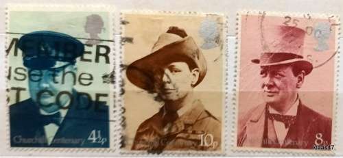 GB - 1974 - Sir Winston Churchill - 3 Used Hinged stamps