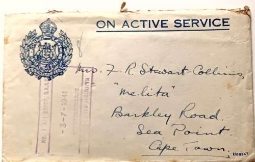Envelope - On Active Service - 1941 No. 1 Air Depot SAAF Voortrekkerhoogte to Cape Town Address