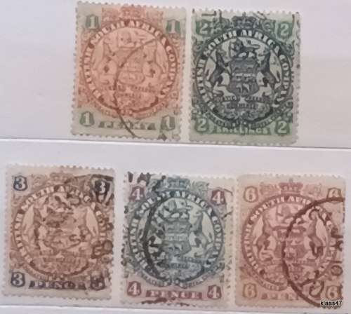 British South Africa Company (Rhodesia) - 1896 - Coat of Arms - 5 Used stamps
