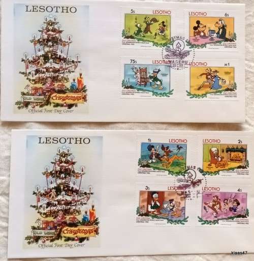 Lesotho - 1983 - Old Christmas from Washington Irving`s Sketch Book - 2 FDC`s - Disney