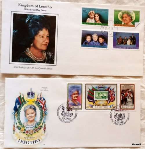 Lesotho - 1980 80th Birthday and 1985 85th Birthday - Queen Mother - 2 FDC`s