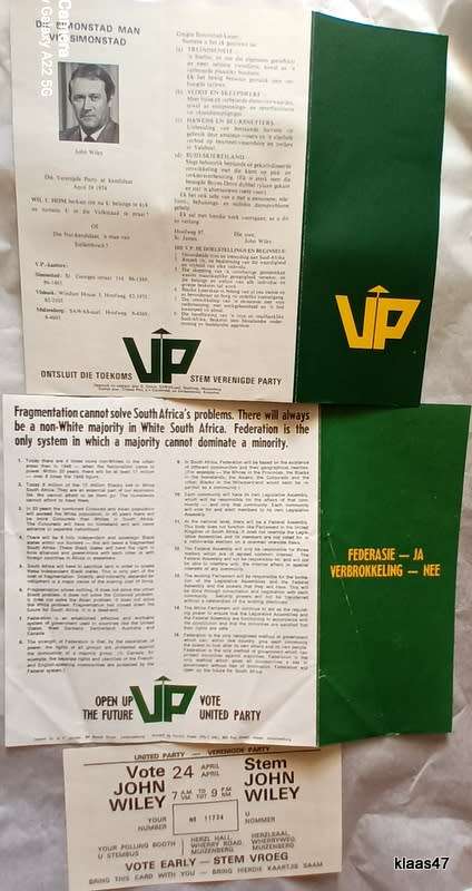 United Party 1971 Simonstown Candidate - Leaflet and Voting Reference Card No 11734 - In orig. envl.