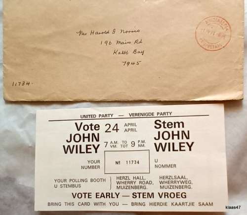 United Party 1971 Simonstown Candidate - Leaflet and Voting Reference Card No 11734 - In orig. envl.