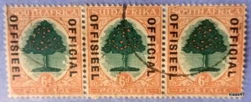 Union of South Africa - 1929 - Strip of 3 6d  Official stamps Unhyphenated (Overprint reading down)