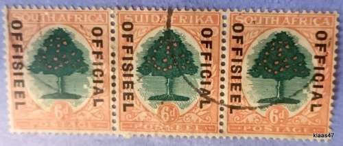 Union of South Africa - 1929 - Strip of 3 6d  Official stamps Unhyphenated (Overprint reading down)
