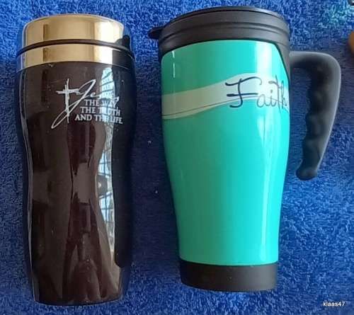 2 Unused Insulated drinking mugs with Religious slogans