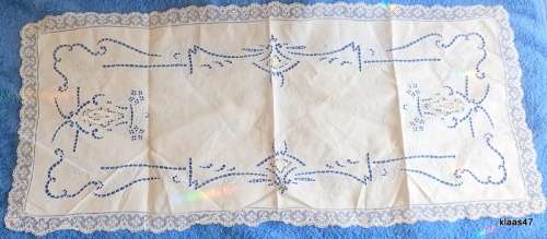 Machine Embroidered Table Runner (with cut out design) Lace edged - 40cm Wide 93cm Long (Light blue)