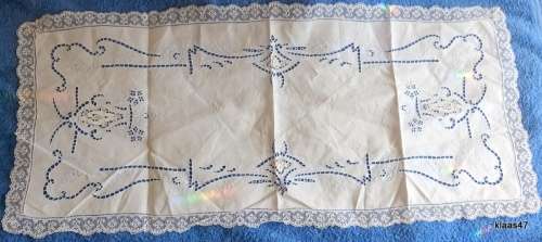 Machine Embroidered Table Runner (with cut out design) Lace edged - 40cm Wide 93cm Long (Light blue)