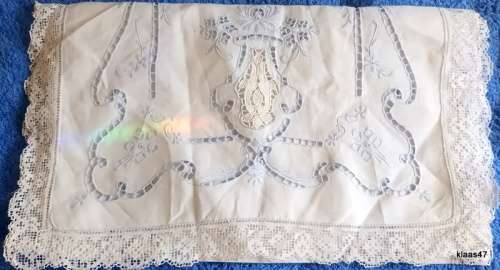 Machine Embroidered Table Runner (with cut out design) Lace edged - 40cm Wide 93cm Long (Light blue)