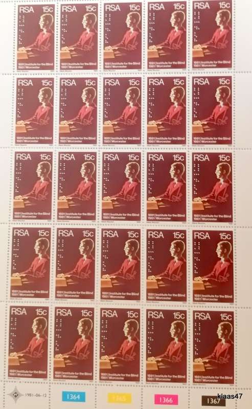 RSA - 1981 - Worcester Institute for Blind - Sheet of 25 Mint stamps (15c)