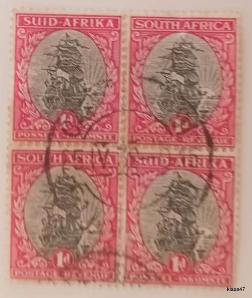 Union of South Africa  - 1d Ships - Hyphenated - Block of 4 Used stamps