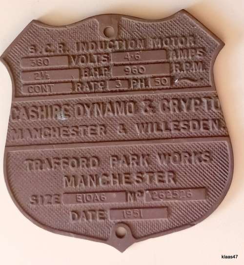 Maker`s name plate - Lancashire Dynamo & Crypto - Trafford Park Works - 1951