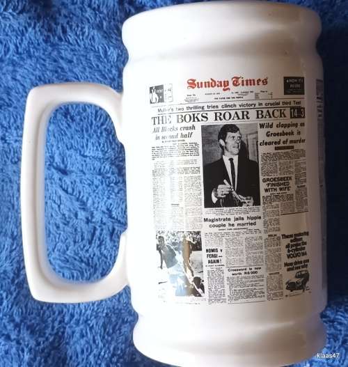 Crescent Ware Newspaper Tankard with Two Rugby Head Lines and One Astronauts
