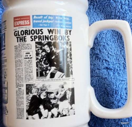 Crescent Ware Newspaper Tankard with Two Rugby Head Lines and One Astronauts
