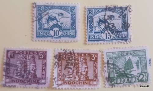 French Indochina - 1931-41 - Junk, Tower of Ruins of Angkor Thom, Planting Rice - 5 Used Hinged stam