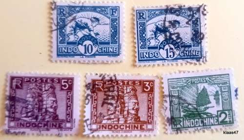 French Indochina - 1931-41 - Junk, Tower of Ruins of Angkor Thom, Planting Rice - 5 Used Hinged stam