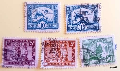 French Indochina - 1931-41 - Junk, Tower of Ruins of Angkor Thom, Planting Rice - 5 Used Hinged stam