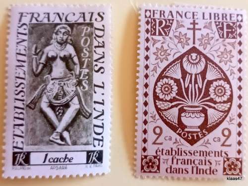 French India - 1948 Bas-relief Figures Apsaras and 1942  Lotus flowers - 2 Unused Hinged stamps