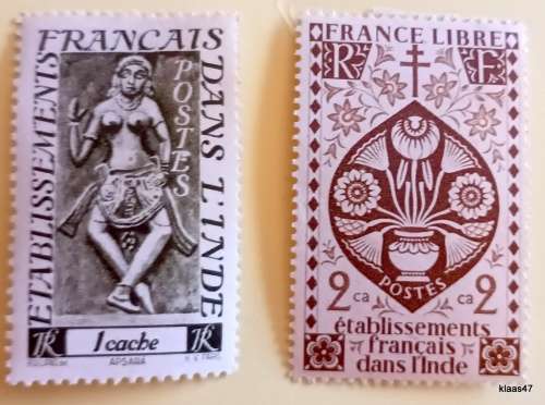 French India - 1948 Bas-relief Figures Apsaras and 1942  Lotus flowers - 2 Unused Hinged stamps
