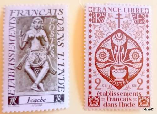 French India - 1948 Bas-relief Figures Apsaras and 1942  Lotus flowers - 2 Unused Hinged stamps