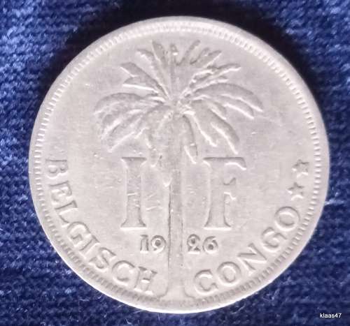 Belgian Congo - 1926 - 1 Franc (Dutch Text) - Copper Nickel