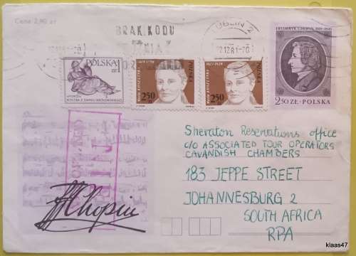 Poland - Illustrated `CHOPIN` Postal Envelope - 1981 -  NIE CENZUROWANO - to RSA